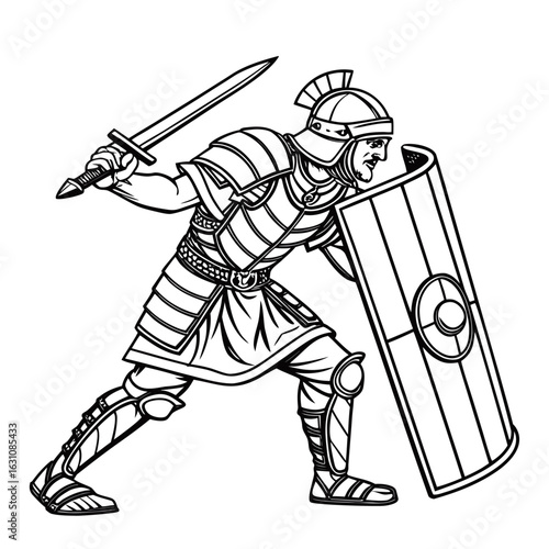 Roman Legionary Soldier with Sword and Shield Line Art