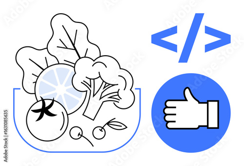 Fresh vegetables, tomato, broccoli, leafy greens, next to a code snippet and thumbs-up icon. Ideal for sustainability, health, technology, diet innovation eco-friendly simple landing page