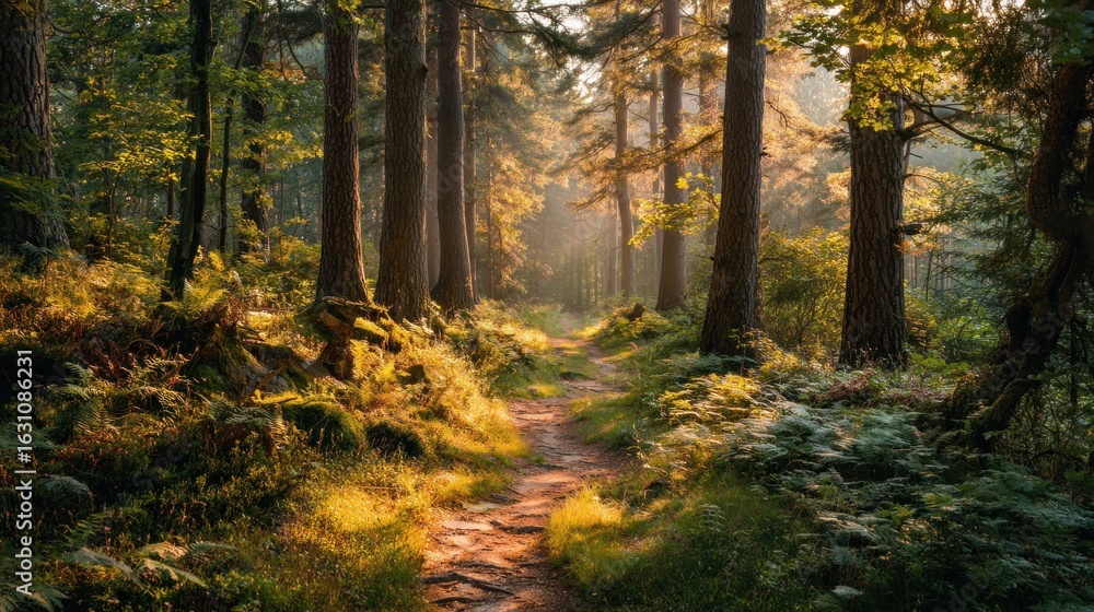 Fototapeta premium Sunlit Forest Path: A Serene Woodland Walk