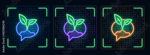 Sustainable ecologic talk conversation concept icon illustration, ecology green environment vector symbol collection, cyber neon visual, glowing borders frames.	
