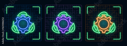 Eco friendly work concept, cog wheel green industry icon illustration, ecology green environment vector symbol collection, cyber neon visual, glowing borders frames.	