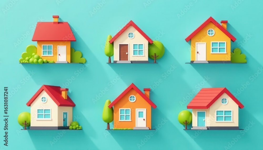Fototapeta premium Set of colorful house icons, flat style Ideal for real estate websites and apps , illustration, website icon