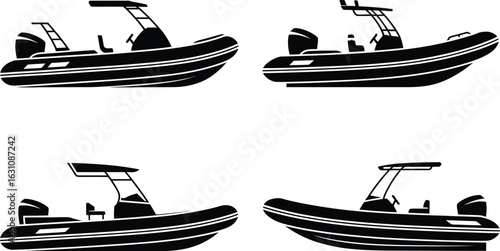 Four black and white silhouettes of rigid inflatable boats on a white background
