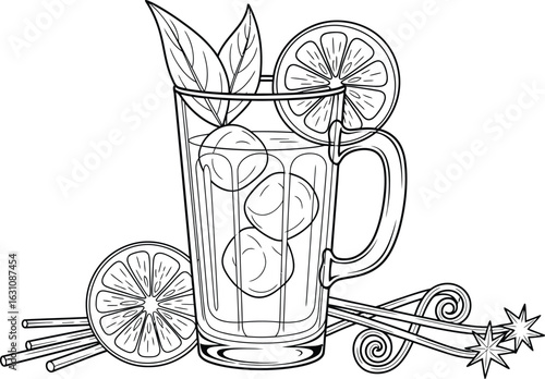 Iced tea illustration with lemon and spices coloring page art