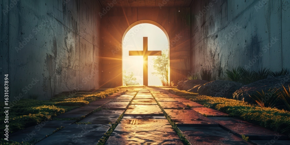 Fototapeta premium A wooden cross stands prominently in the center of a cave, casting a warm glow through the opening