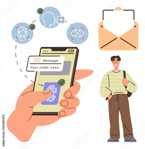 Mobile phone with fingerprint scan, face recognition, eye scan icons, verification codes, email envelope. Ideal for technology, data security, privacy, identification authentication digital