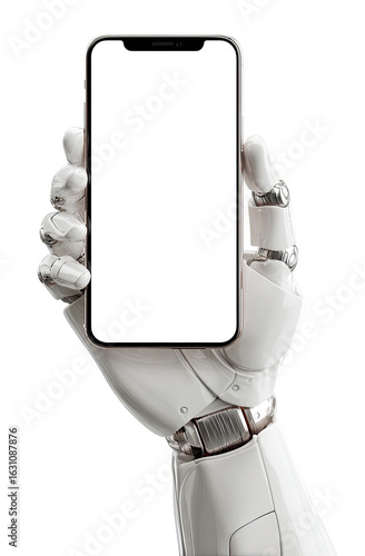Robot hand holds a blank smartphone