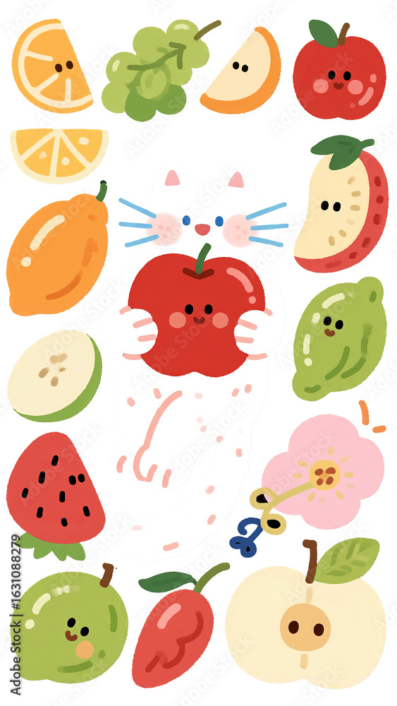 Fototapeta premium Cute Fruit & Cat Sticker Illustration, Colorful Style for Diary Decor