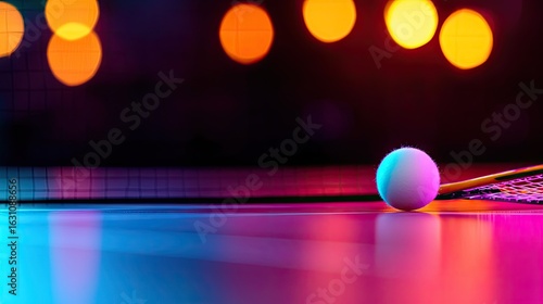 A vibrant ping pong ball rests on a neon-lit table.