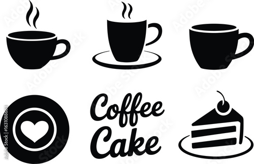 Collection of coffee cups saucers cake slice and heart icon symbols