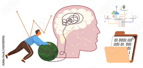 Man untangling yarn ball linked to human brain, binary data sheet, and network connections. Ideal for innovation, analytics, mental health, problem-solving, digital transformation, brainstorming
