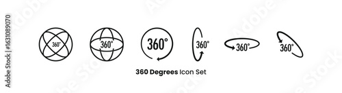 360 degree icon set in modern line style. Perfect for virtual tour symbols, VR, panoramic view, interactive content, 3D rotation interface, and web or app design UI elements