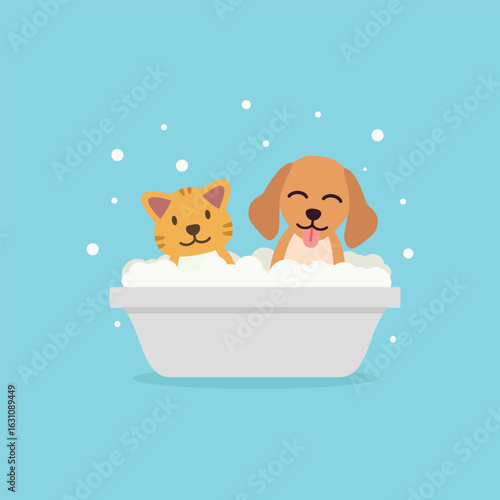 Cute cat and dog taking a bath together in a tub with bubbles. Perfect for pet grooming services, veterinary care, animal hygiene, kids illustrations, and adorable cartoon-style designs