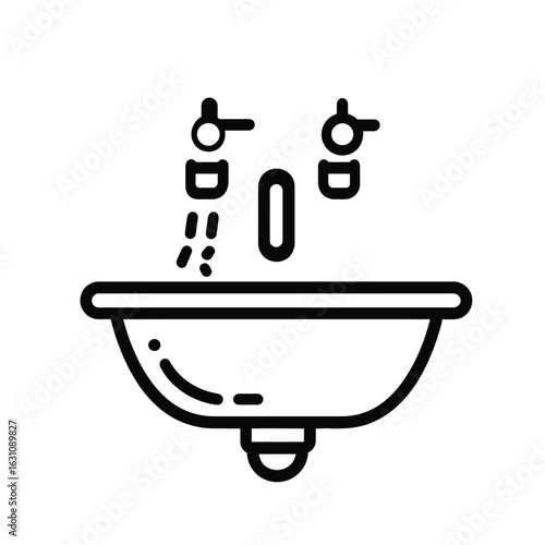 Outlined Washbasin with Faucets Dripping Water, Overflow Drain, and Drain Pipe in Black and White