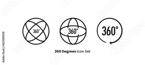 360 degrees icon set. Editable vector collection for virtual reality, panoramic view, and technology