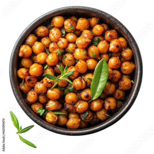 Roasted chickpeas in a rustic bowl with fresh herbs, a healthy snack option, perfect for culinary projects and food photography needs on transparent background