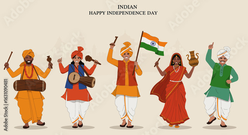 A character set of a cheerful Indian musician in a turban playing traditional instruments like the sitar, tabla, and harmonium.