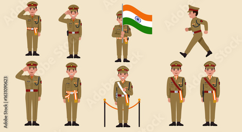 Set of a cartoon Indian soldier or police officer in uniform, showing various poses like saluting and holding the national flag.