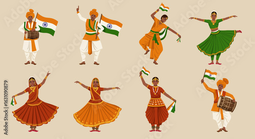 A vibrant illustration set of diverse Indian people in traditional attire, dancing and celebrating with the national flag for a cultural festival.