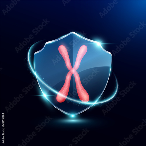 Human chromosome X in translucent glass shield modern. Surrounded by glowing ring safety guardian. Medical health care genetic protection concept. Vector.