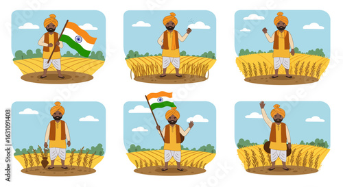 A collection of illustrations showing a proud Indian farmer in traditional attire holding the national flag in a wheat field.
