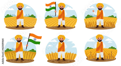 Vector illustration set of a cheerful Indian farmer in a turban. A Sikh man character in various poses in a golden grain field, proudly holding the Indian flag.