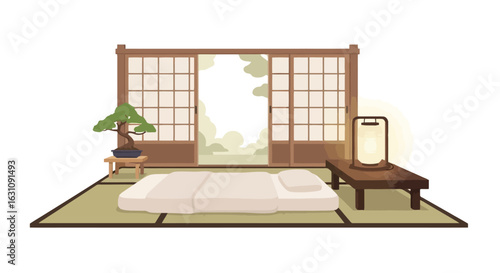 Serene Japanese Room with Tatami Mat and Futon Bed