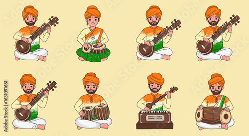 A character set of a cheerful Indian musician in a turban playing traditional instruments like the sitar, tabla, and harmonium.