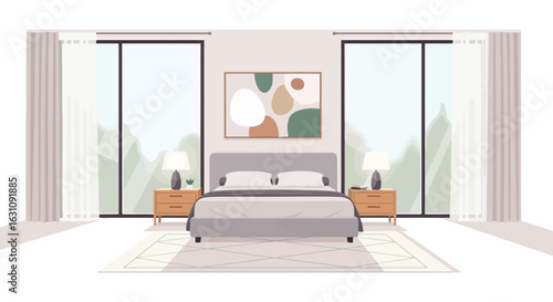 Serene Bedroom Retreat with Panoramic View - Vector Illustration