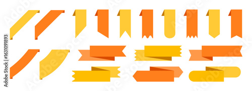Bookmarks and ribbon banners set. Yellow and orange note and mark elements collection. Different labels and badges pack for promotion, product decoration, price tag, discount sticker. Vector bundle