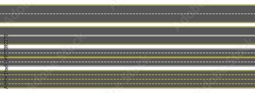 Top view road markings set. Highway lines and race tracks set. Seamless straight street road pack. Town or city pavement asphalt repeated patten. Horizontal roadway drive stripes bundle. Vector