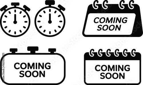 Set of four graphic icons representing time and upcoming events with coming soon text