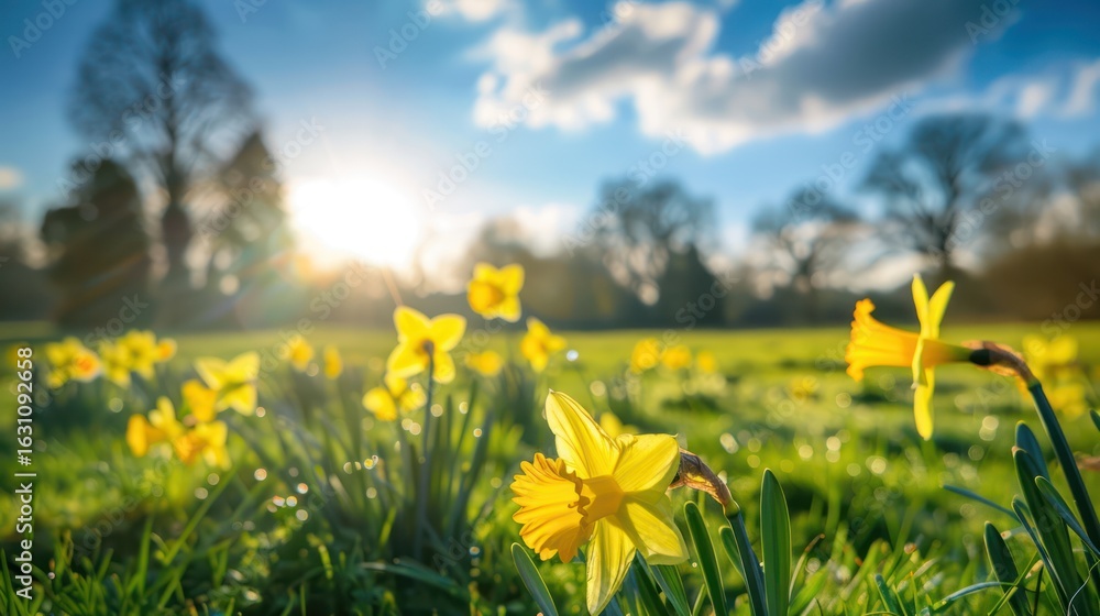 Fototapeta premium A serene, sunlit meadow filled with vibrant yellow daffodils under a clear blue sky with fluffy white clouds.