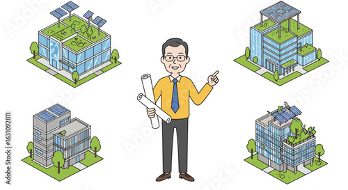 Male architect with blueprints showcases sustainable, green building concepts with solar energy and rooftop gardens.