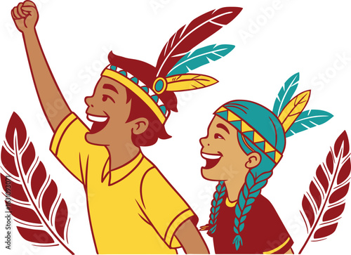 Two happy children in native american headdresses celebrating isolated on transparent background