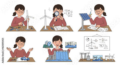 Girl building and studying renewable energy models, including wind turbines, solar panels, and hydroelectric dams.