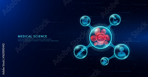 Medical science. Blood cells inside transparent molecule with icons doctor pill syringe stethoscope saline bag and cross. On dark blue digital technology background. Vector EPS10.