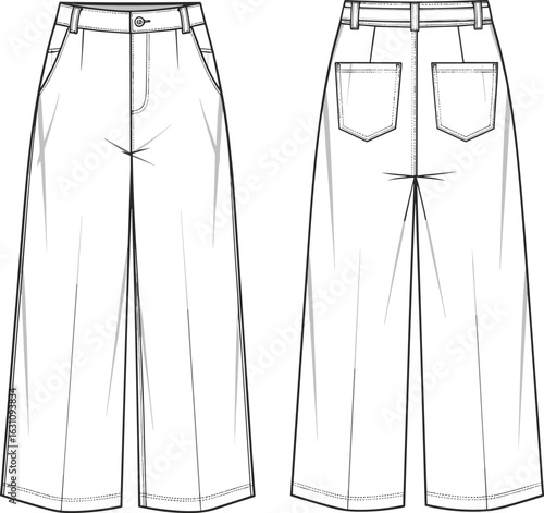 Women’s wide leg denim pants flat sketch, front and back technical drawing, fashion CAD, garment vector illustration, clothing template.