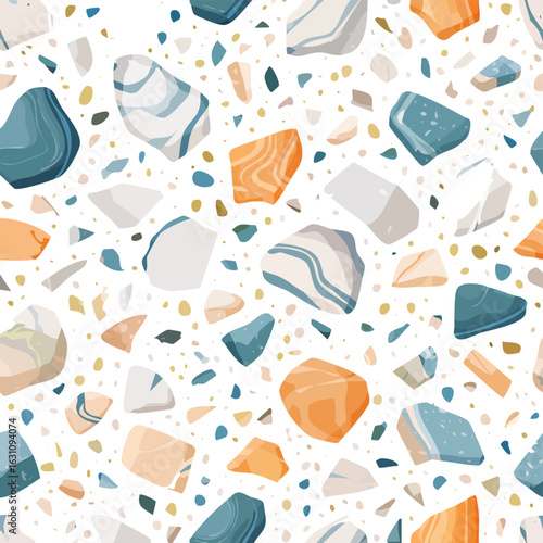 Seamless terrazzo pattern with abstract stone fragments in blue orange and white background