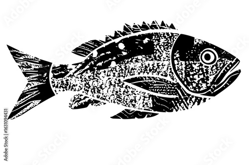 Vector Detailed black and white of a fish with textured scales.