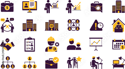 Work icon set. Containing job, career, employment, meeting, organization, teamwork and networking icons. Solid icon collection. Vector illustration.