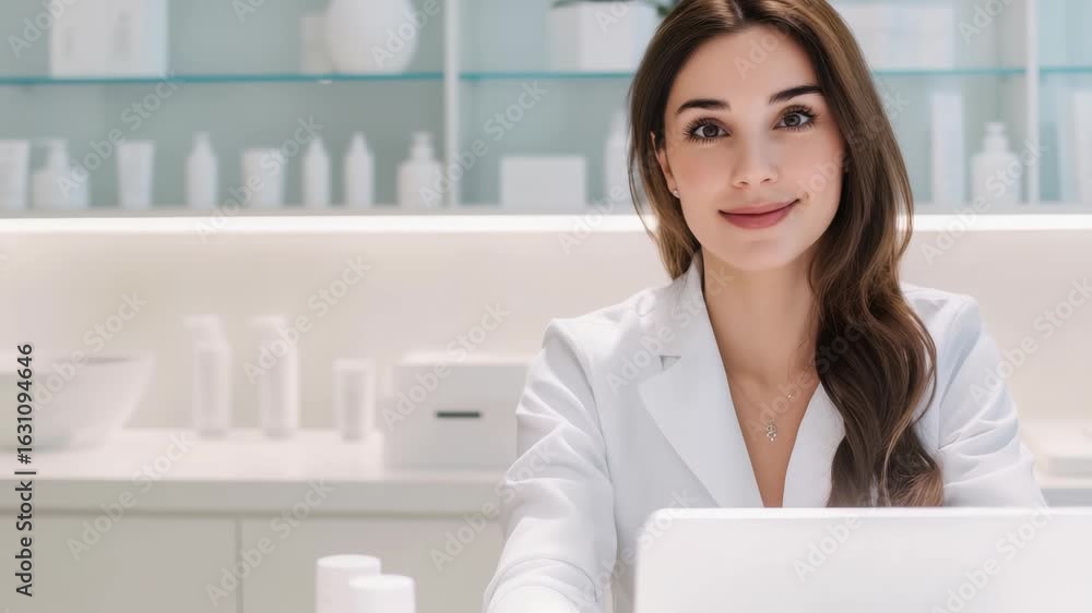 Woman in professional lab coat smiling near a desk, with cosmetic containers and medical supplies visible. Modern medical or skincare professional setting. Woman in professional lab coat smiling near a desk, with cosmetic containers and medical supplies visible. Modern medical or skincare professional setting.