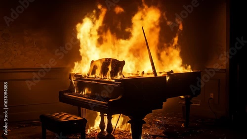Grand piano engulfed in flames, burning in a room. Destruction and chaos.