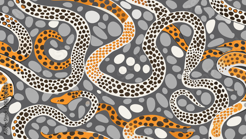 Abstract pattern of winding snakes with orange and white spotted bodies on grey background