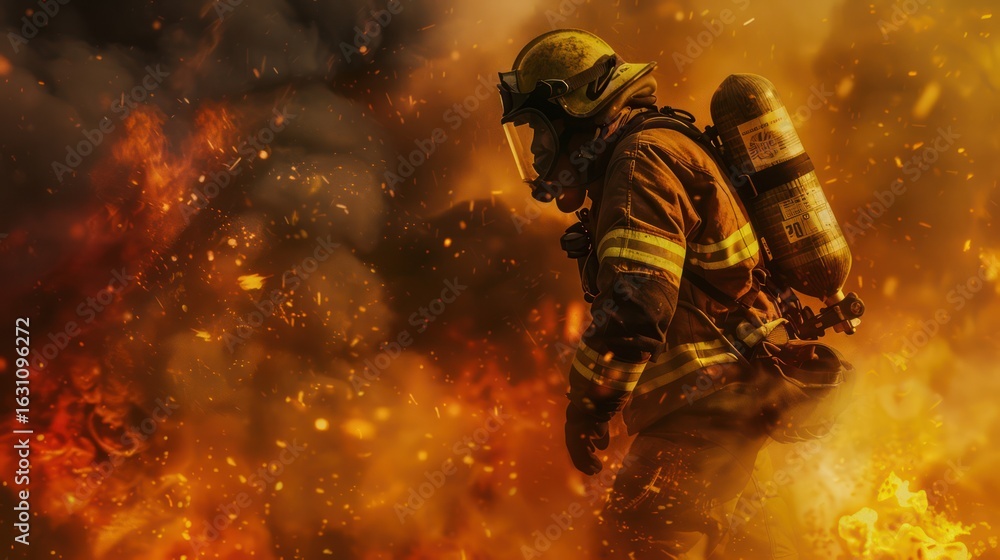 Fototapeta premium A firefighter in full gear, running through a burning building, surrounded by flames and smoke.