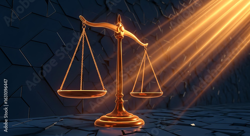 Golden scales of justice illuminated by dramatic golden light beams against a dark textured background symbolizing fairness and legal decisions