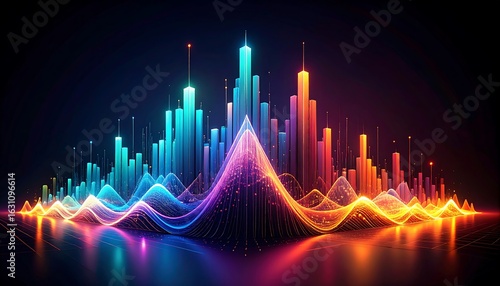 Futuristic city skyline with vibrant digital waves