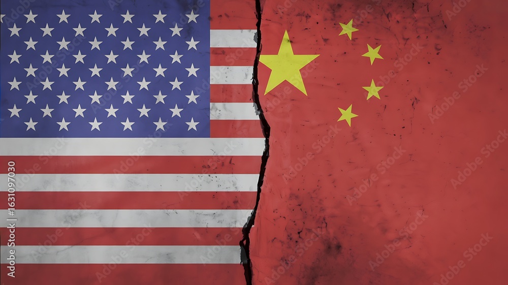 Obraz premium The united states and china flags are torn apart by a deep crack symbolizing the growing political and economic tensions between the two superpowers