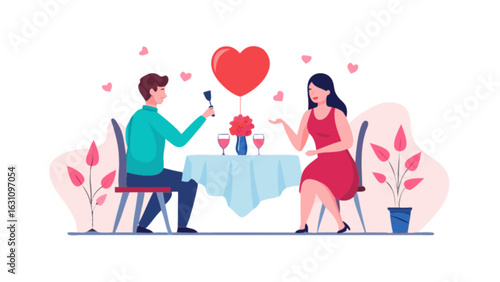 Valentine's day dinner date romantic couple love celebration restaurant heart balloon vector illustration