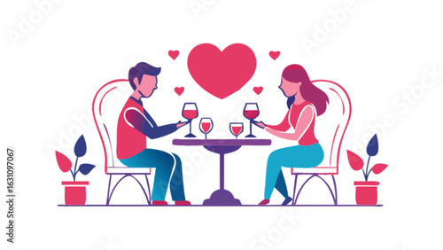 Romantic dinner date illustration for valentine's day celebration with couple and wine glasses vector art